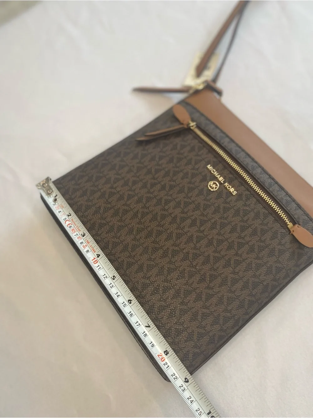 Michael Kors Brown Monogram Crossbody with Tan Trim and Gold Hardware